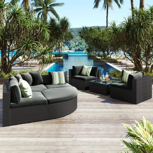 7-piece Outdoor Wicker Sofa Set,  With Striped Green Pillows