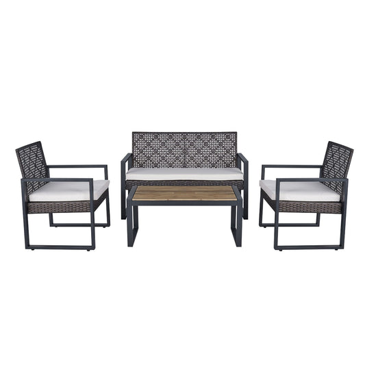 4-Piece Patio Furniture Set with Acacia Wood Table Top and Beige Cushions
