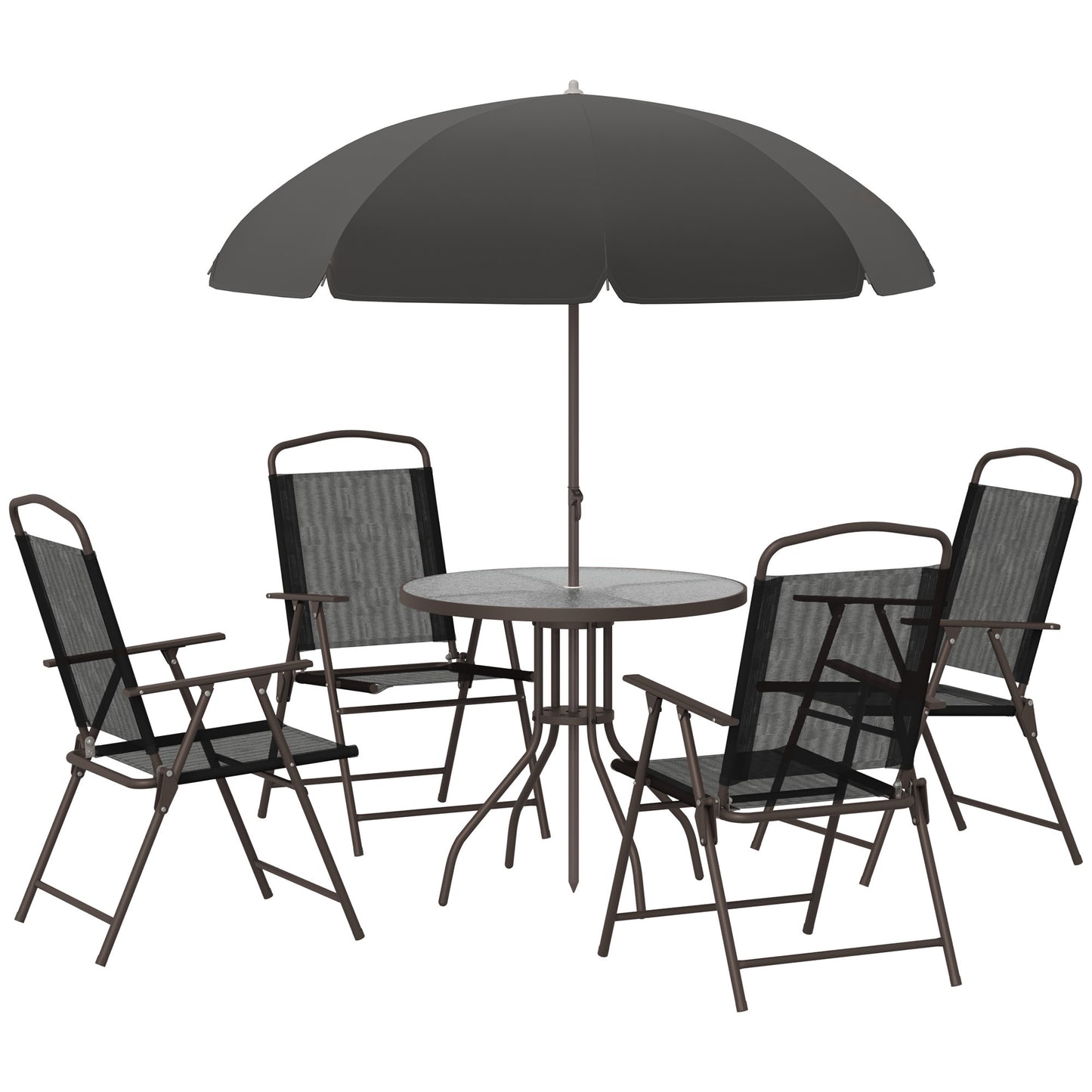 Patio Dining Set with Umbrella and Folding Chairs, Black Steel