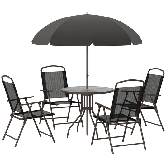 Patio Dining Set with Umbrella and Folding Chairs, Black Steel