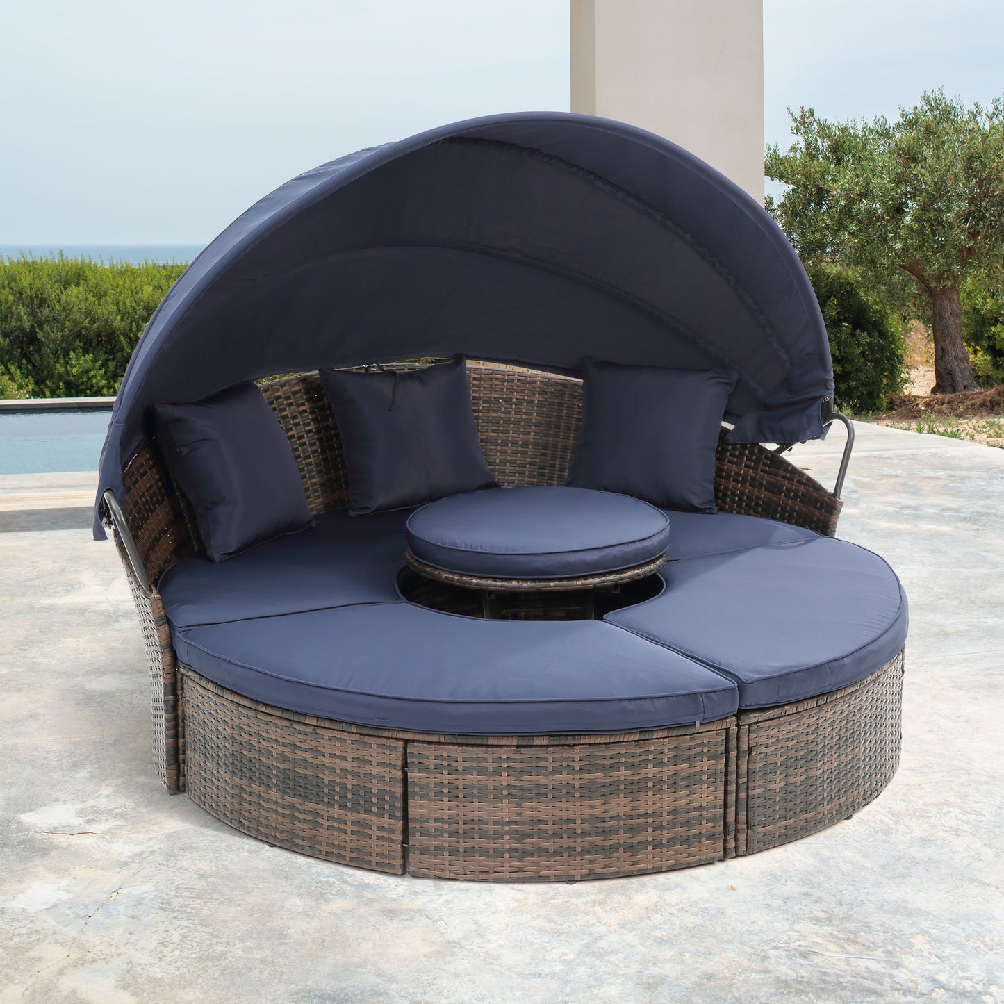 Rattan Round Lounge With Canopy and lift coffee table