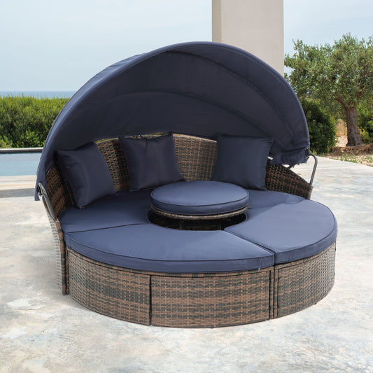 Rattan Round Lounge With Canopy and lift coffee table