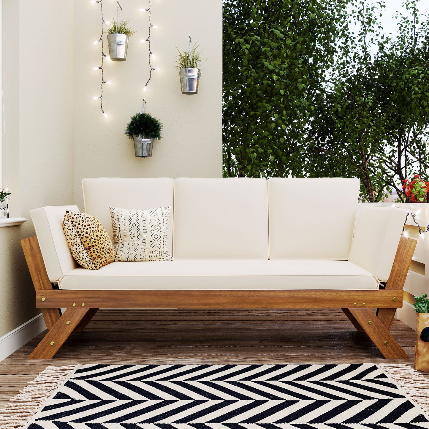 Adjustable Patio Wooden Daybed Sofa Chaise Lounge with Cushions