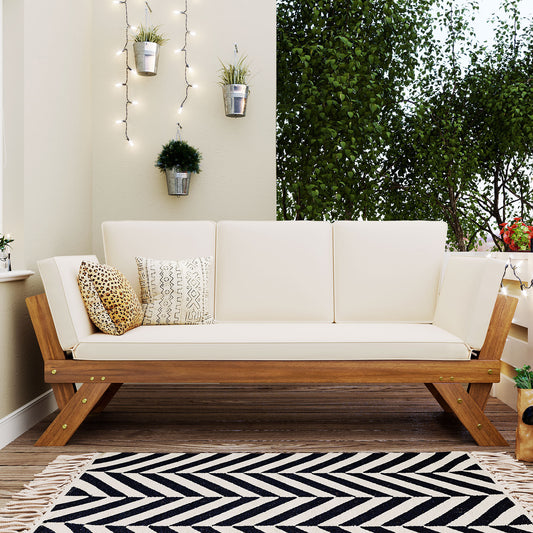 Adjustable Patio Wooden Daybed Sofa Chaise Lounge with Cushions