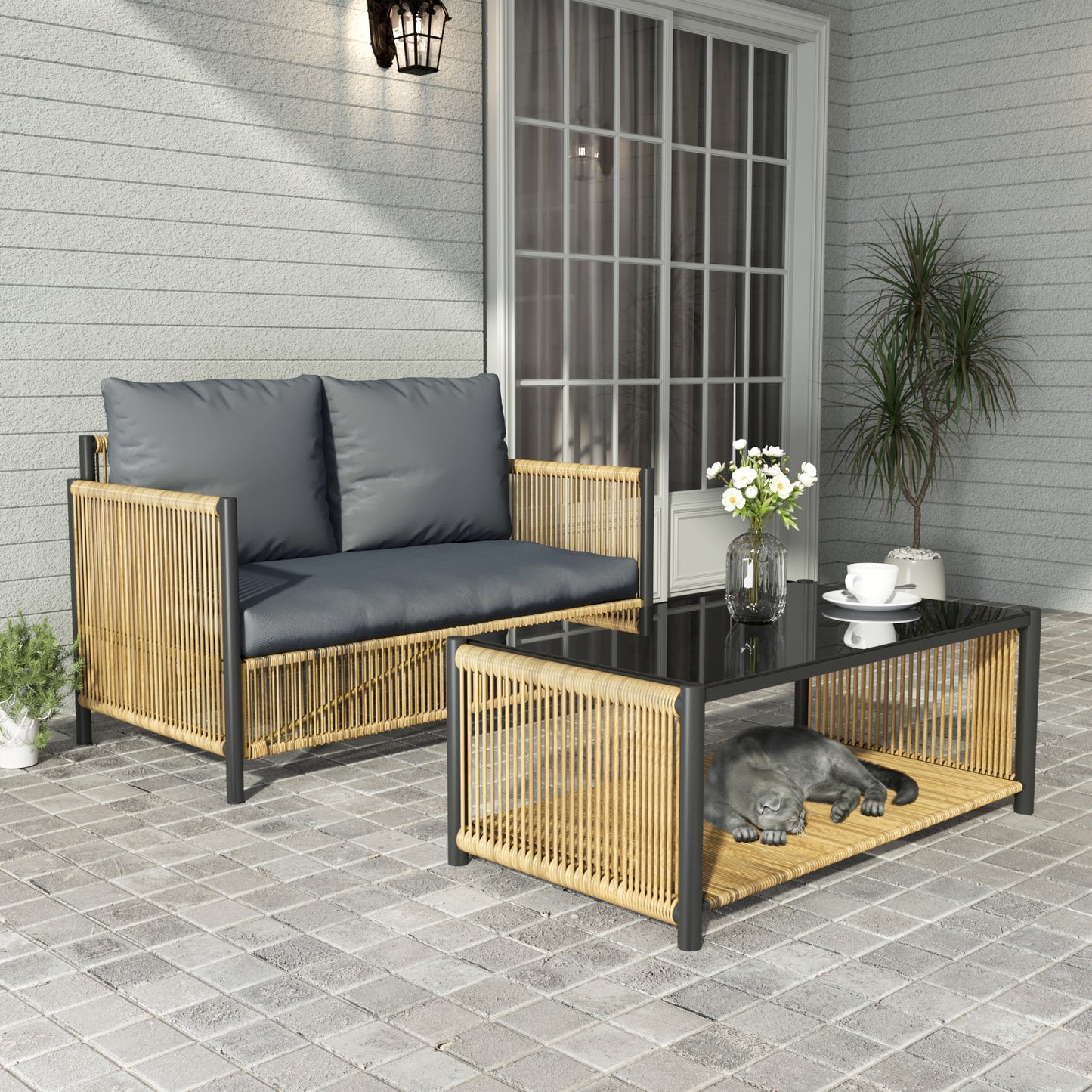 Brown Wicker 2 seater Sofa with Grey Cushion and Table Set