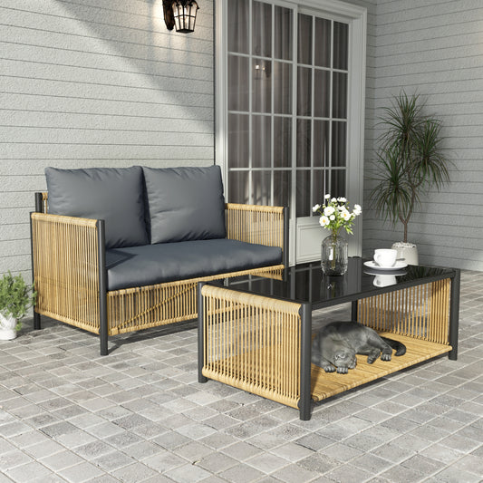 Brown Wicker 2 seater Sofa with Grey Cushion and Table Set